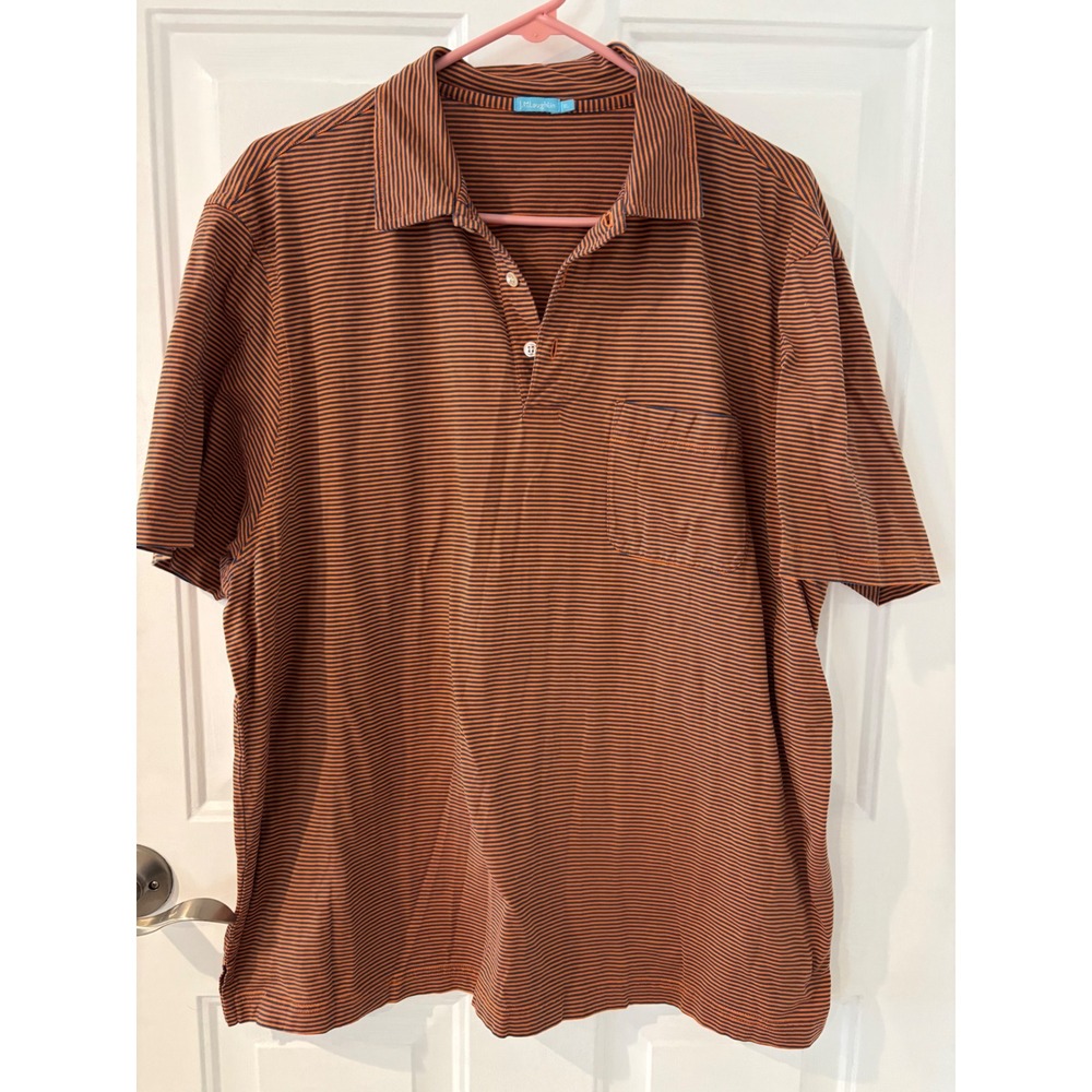 J.McLaughlin XL Polo Shirt Orange Navy Blue Micro Stripe Short Sleeve Pocket
